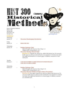 Screen grab of History 300 Historical Methods syllabus designed by Paula Petrik, designed with a western font and image of a cowboy and stars to emphasize the western focus of the course materials.
