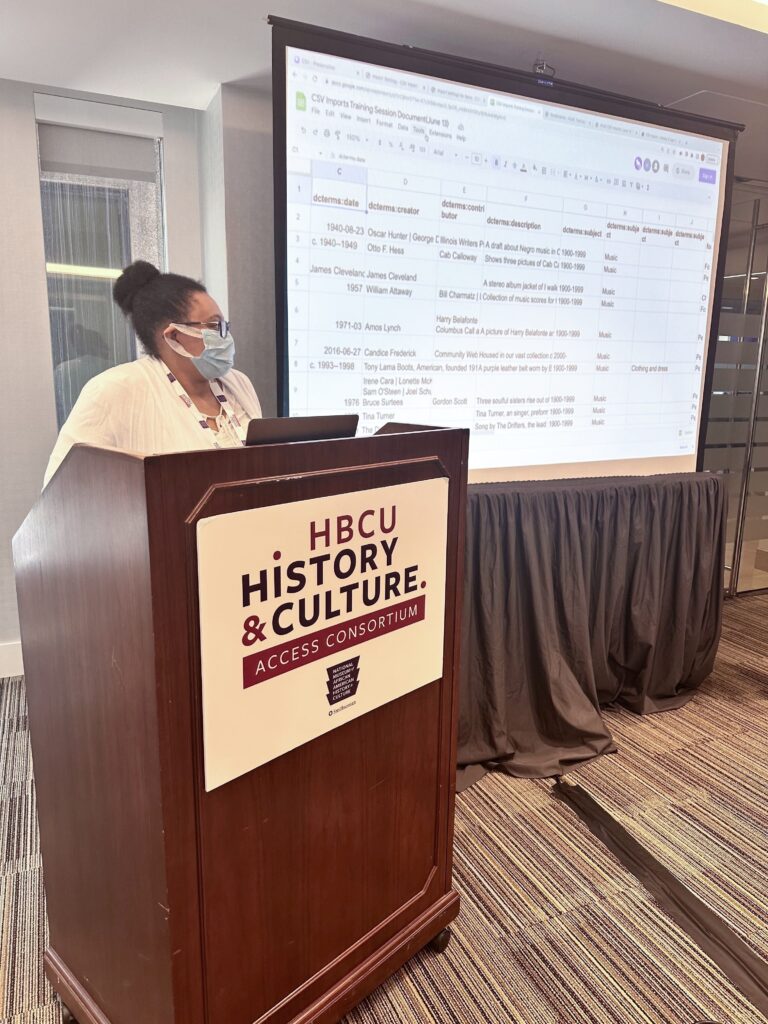 PhD student Timmia King presenting a portion of Omeka S training at the HCAC convening in June.