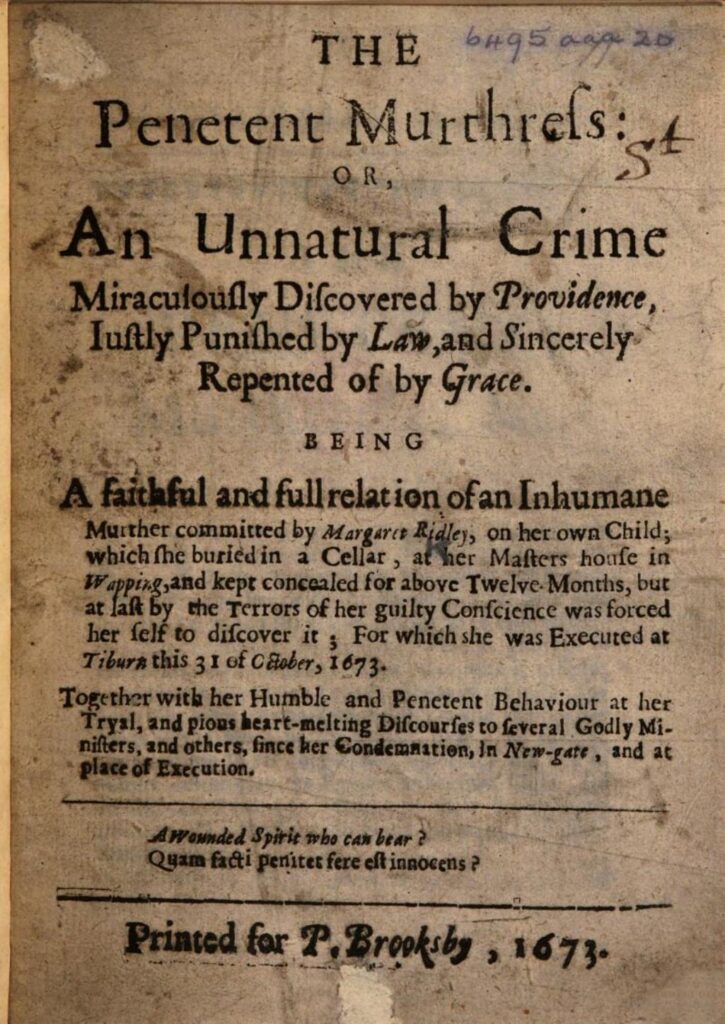 Page from pamphlet written by Margaret Ridley in 1643 on a murder she committed.