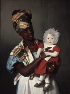 A black woman from the Danish West Indies wearing a madras headscarf and holding a white child.