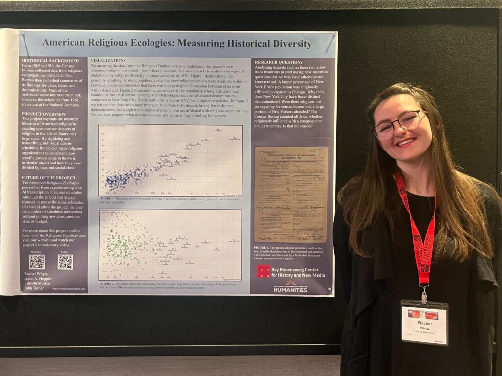 Rae Whyte standing in front of her poster at the American Historical Association's annual meeting 